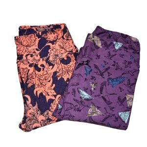 2 Pairs Lularoe Leggings One Size Bundle Purple Birds & Coral Lace